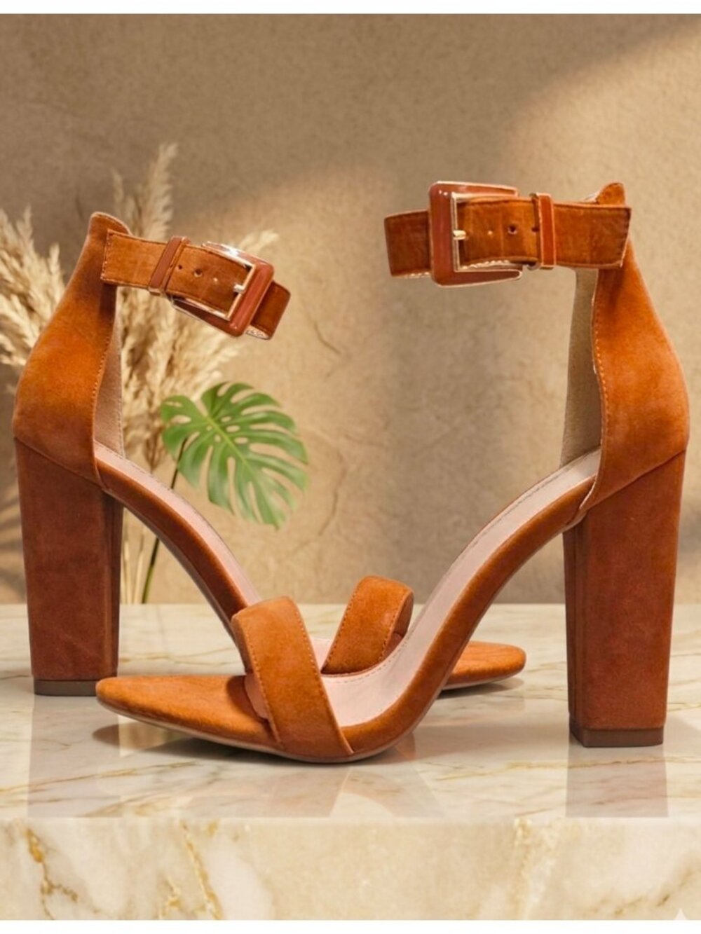 Block Heel Chestnut Faux Suede Ankle Strap Sandals With Buckle Closure For Women
